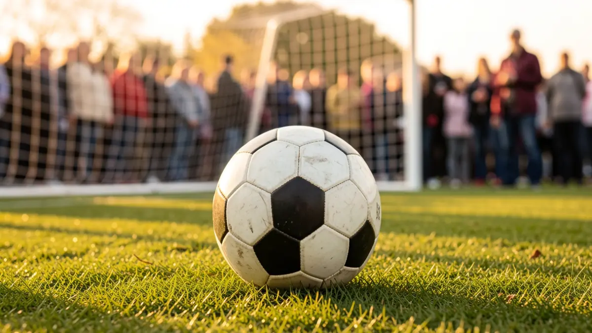 Imaxe xenérica dun balón de fútbol sobre herba con portería desenfocada.