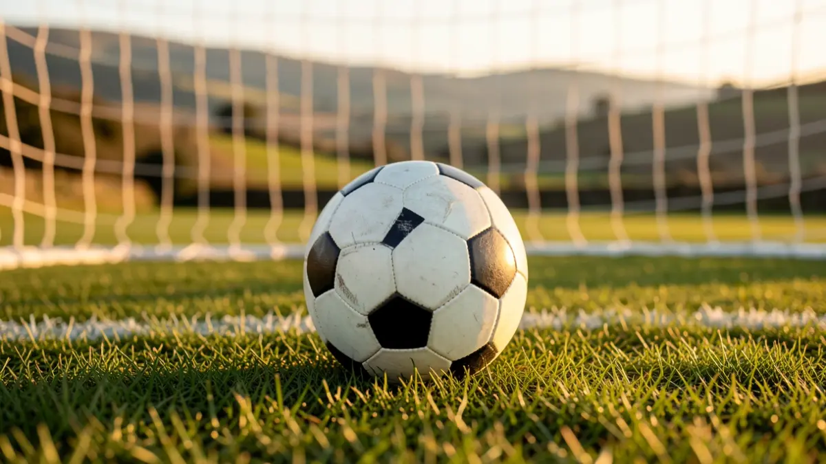 Imagen genérica de un balón de fútbol sobre césped con una red de meta desenfocada al fondo.
