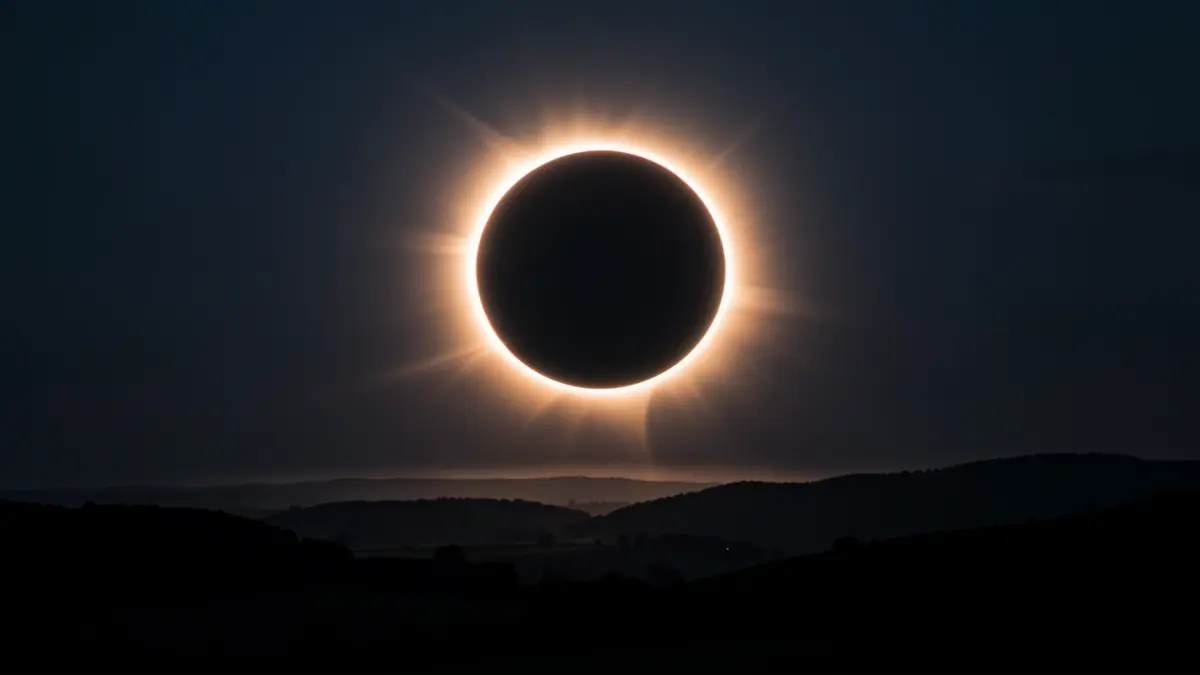 Imagen de un eclipse solar total con corona visible y paisaje en penumbra.