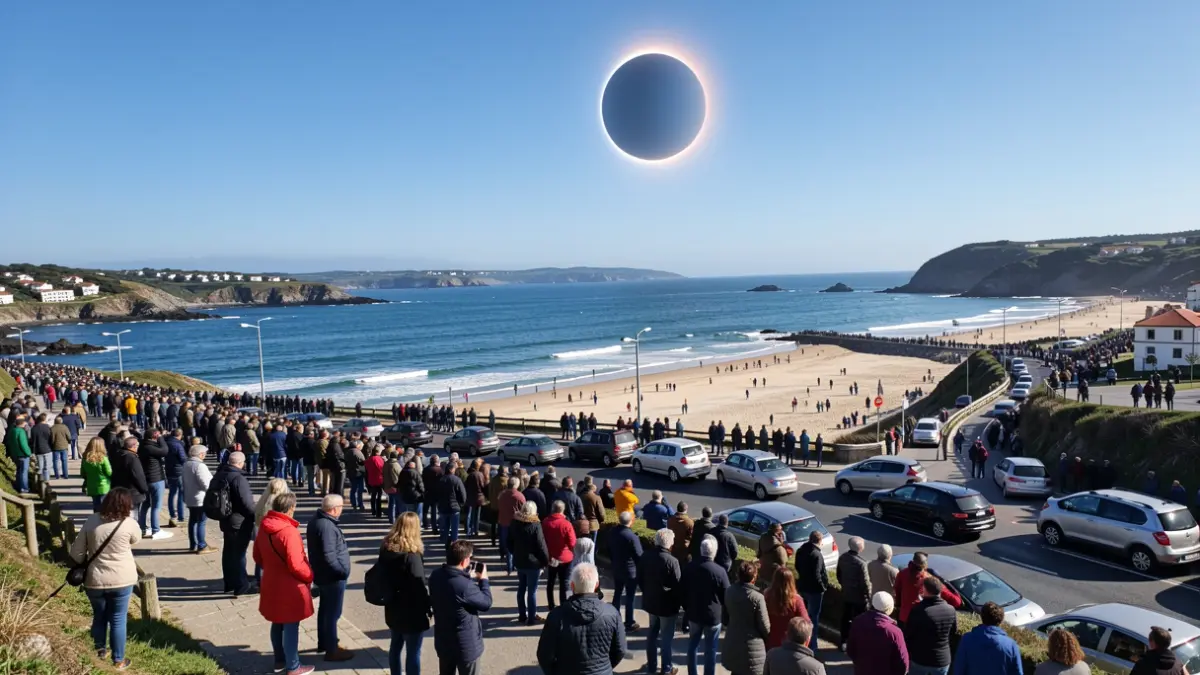 Vista panorámica de una costa gallega con playas y miradores abarrotados de gente observando un eclipse solar, con tráfico y algunos coches aparcados.