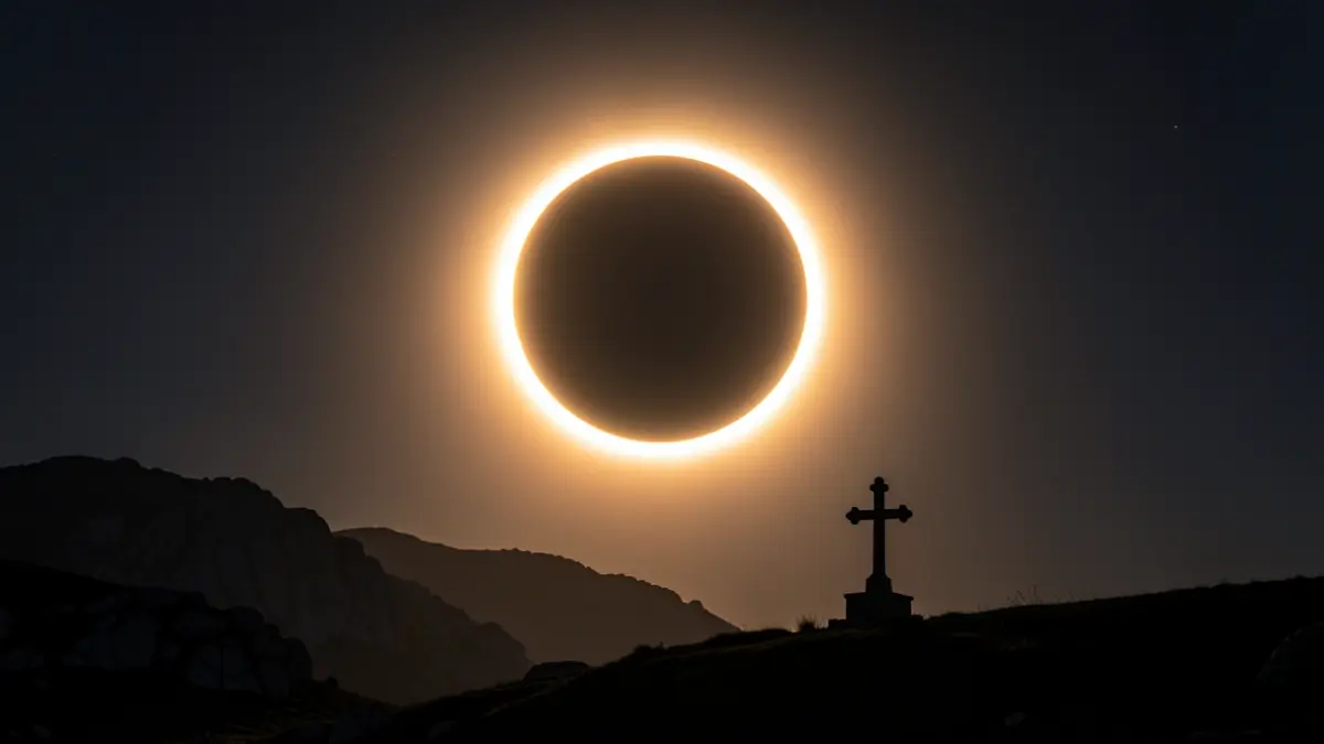 Imaxe dun eclipse solar total sobre unha paisaxe galega con detalles de granito e un cruceiro.