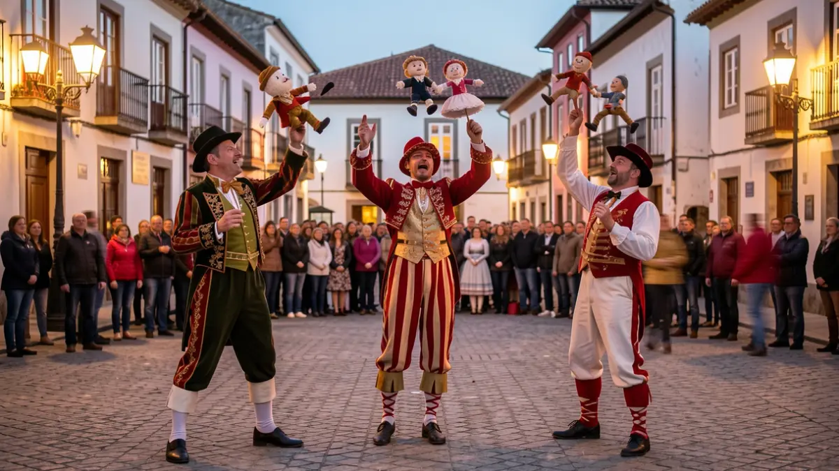 Imaxe dun espectáculo de rúa con malabares e monicreques nunha praza de Galicia ao atardecer.