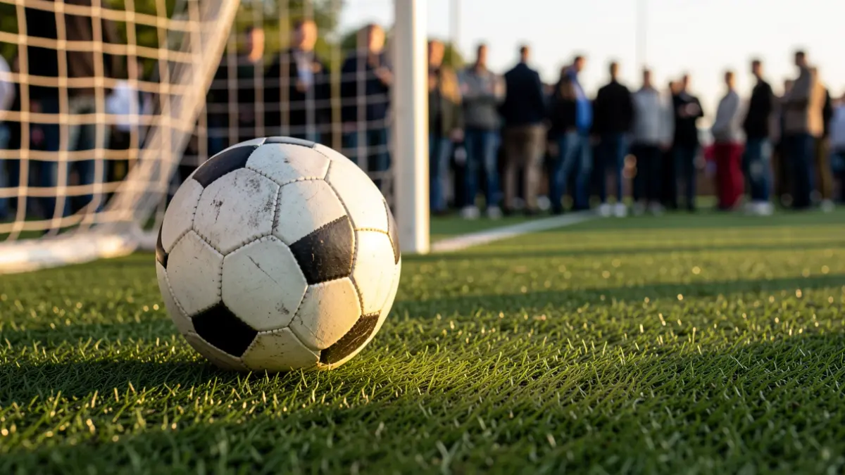 Imaxe dun balón de fútbol sobre céspede artificial novo nun estadio.
