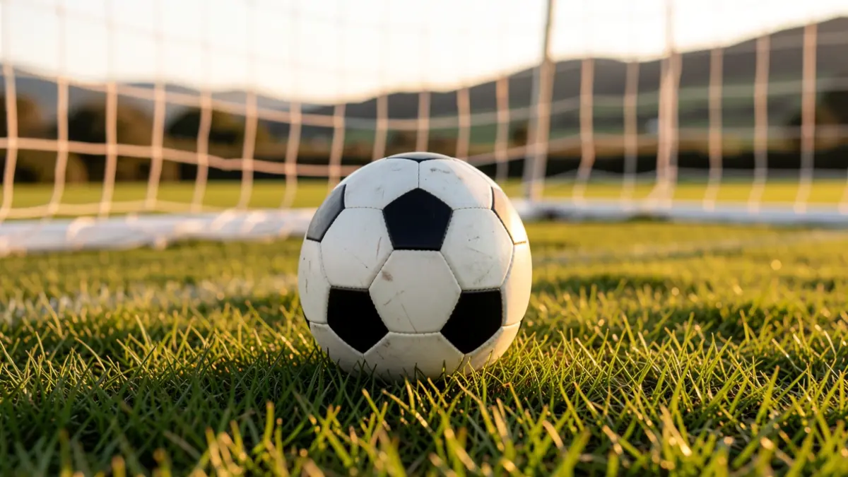Imaxe xenérica de balón de fútbol sobre herba cunha rede borrosa ao fondo.