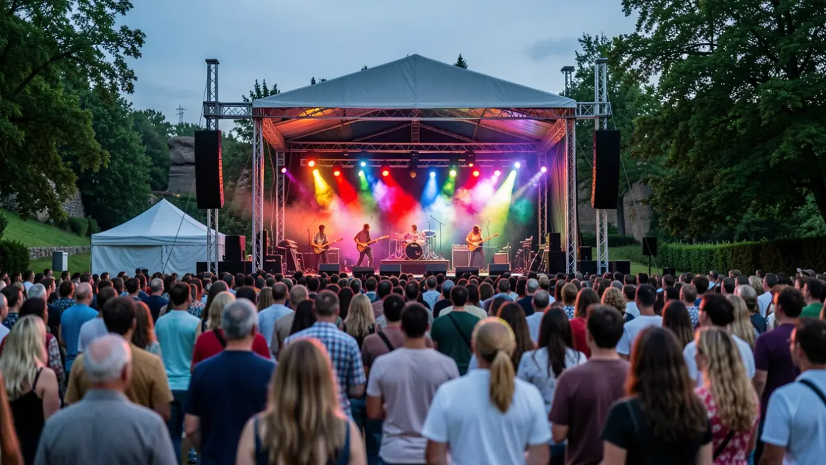 Imagen genérica de un festival de música al aire libre con escenario iluminado y público difuminado.