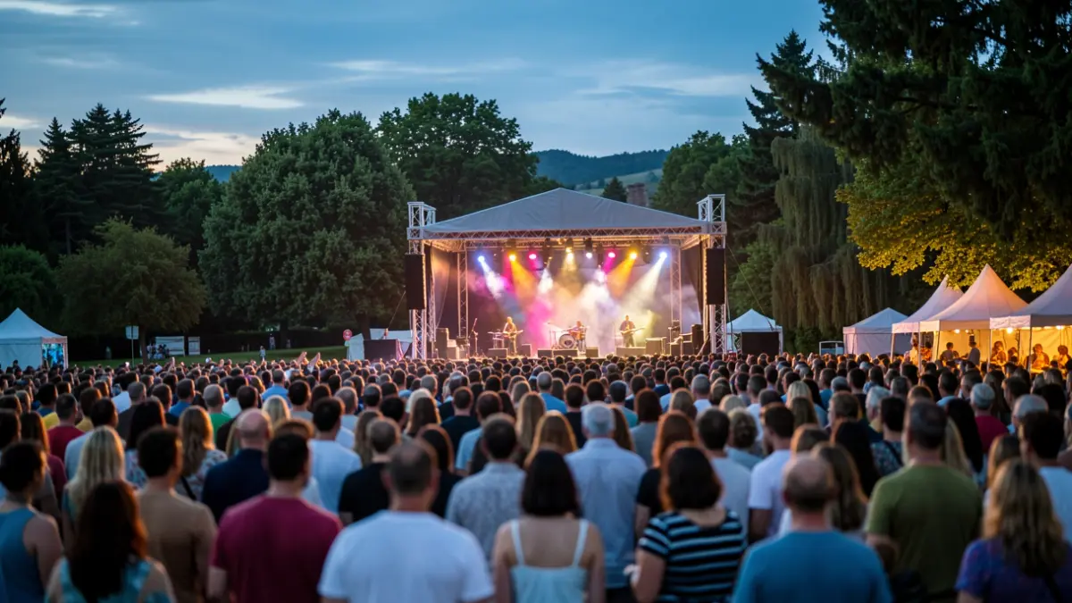 Imaxe dun festival de música ao aire libre en Ames con público e luces.