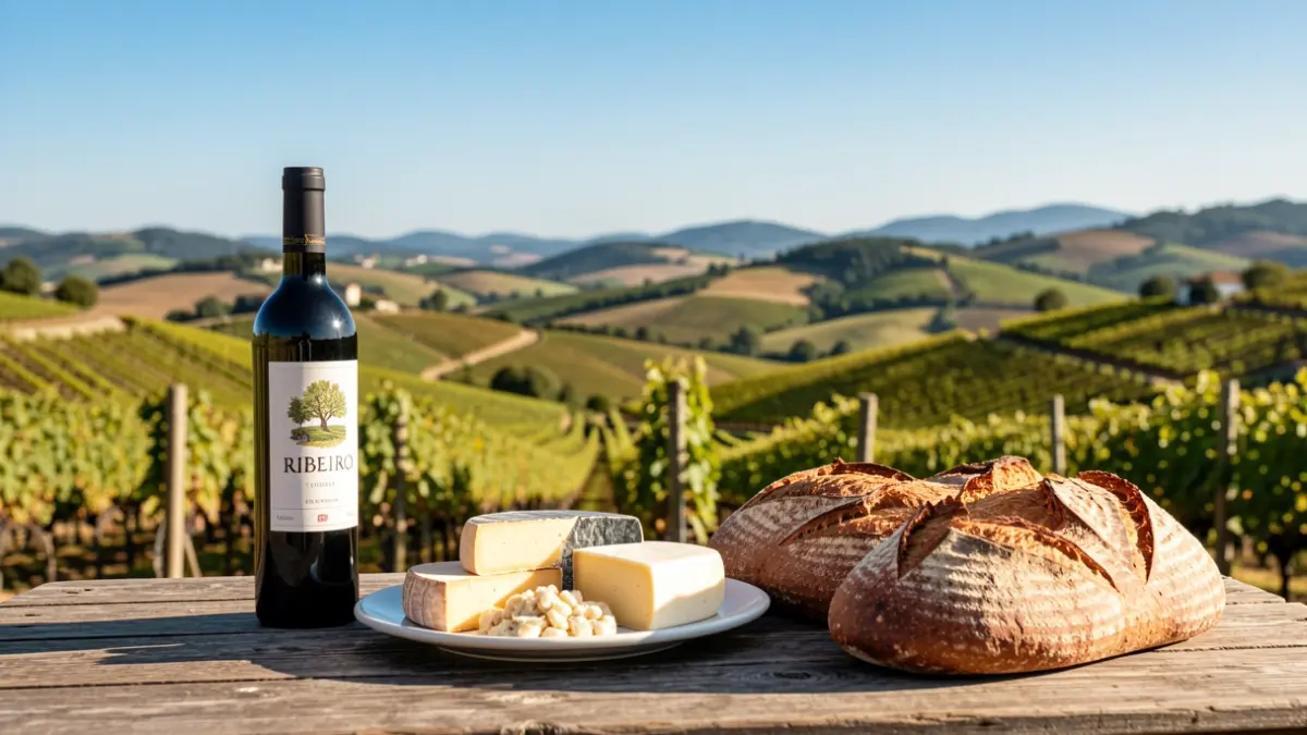 Imaxe xenérica de viñedos e produtos locais na comarca do Ribeiro.
