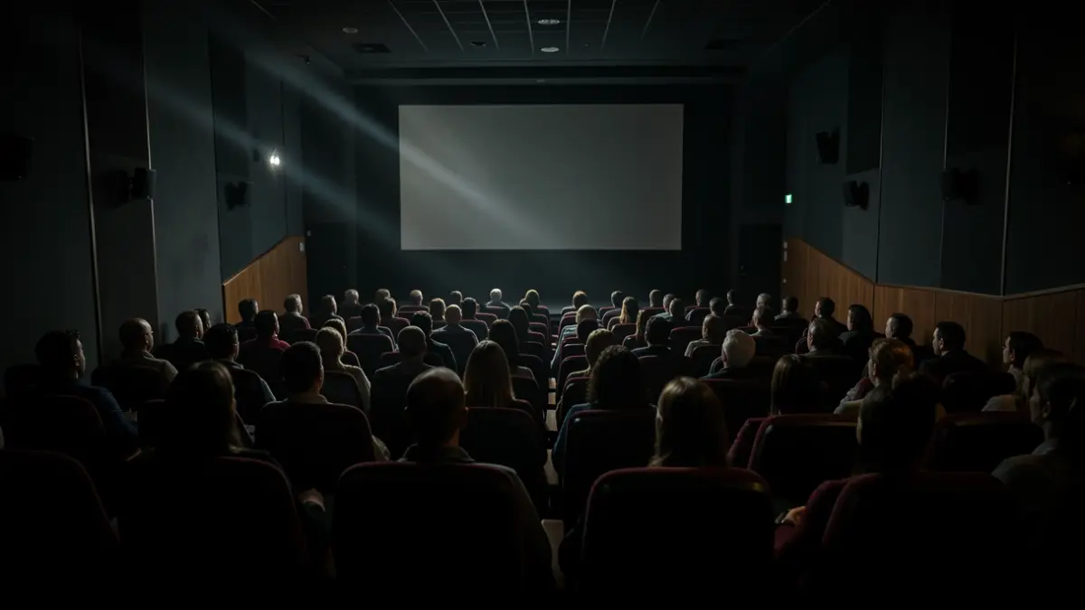 Imaxe xenérica dunha sala de cinema baleira con feixes de luz.