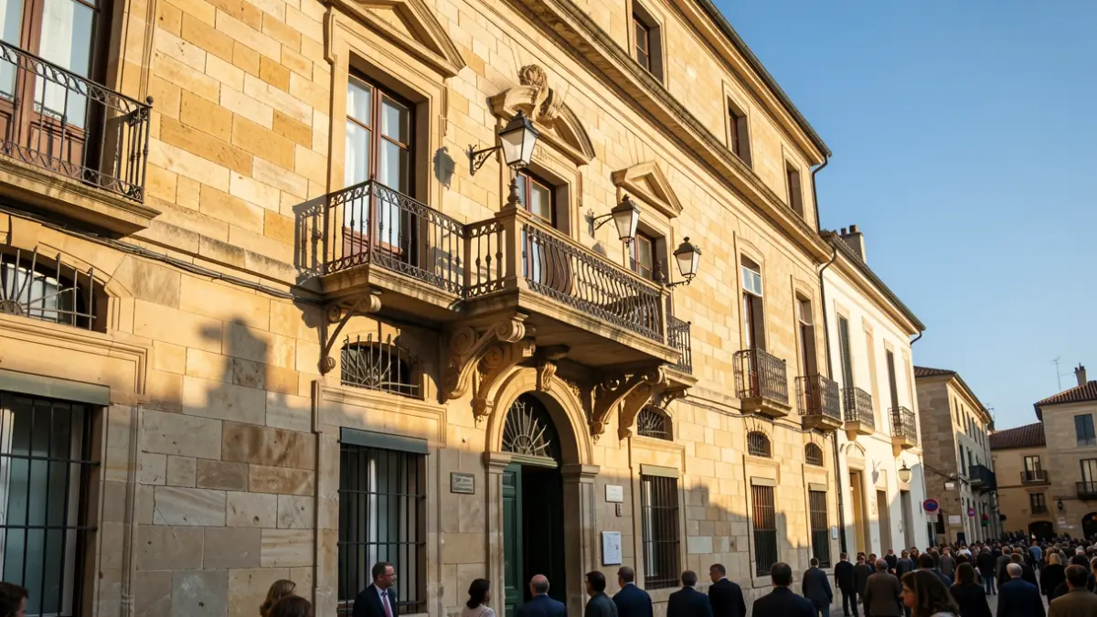 Imaxe xenérica dun edificio institucional galego con balcón de pedra e luz solar.