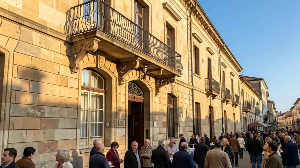 Fachada de un ayuntamiento gallego de piedra con balcón ornamentado y rejas, cálida luz solar de la tarde proyectando sombras en las paredes de arenisca, cielo azul.