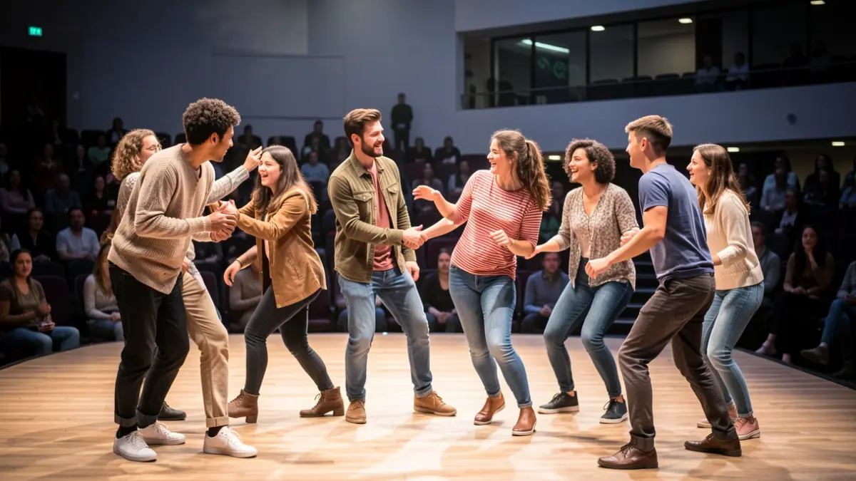 Imagen de un taller de improvisación teatral con jóvenes de varios países en la Cidade da Cultura.
