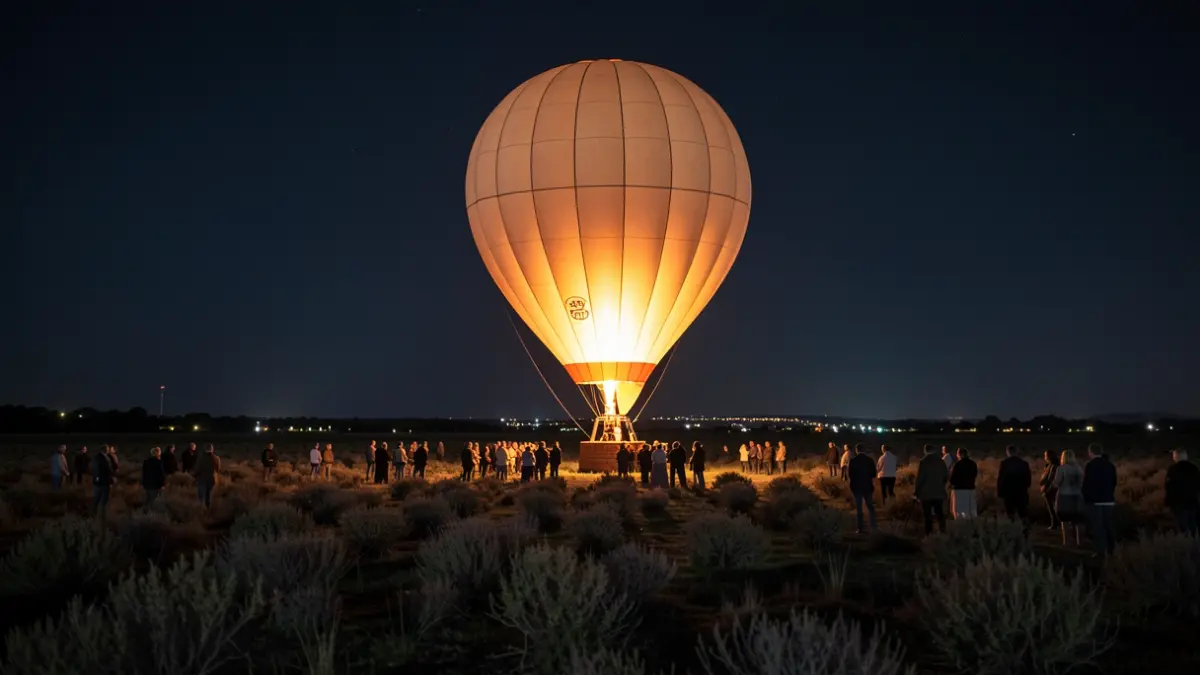Imaxe xenérica de globos aerostáticos voando sobre un campo pola noite.