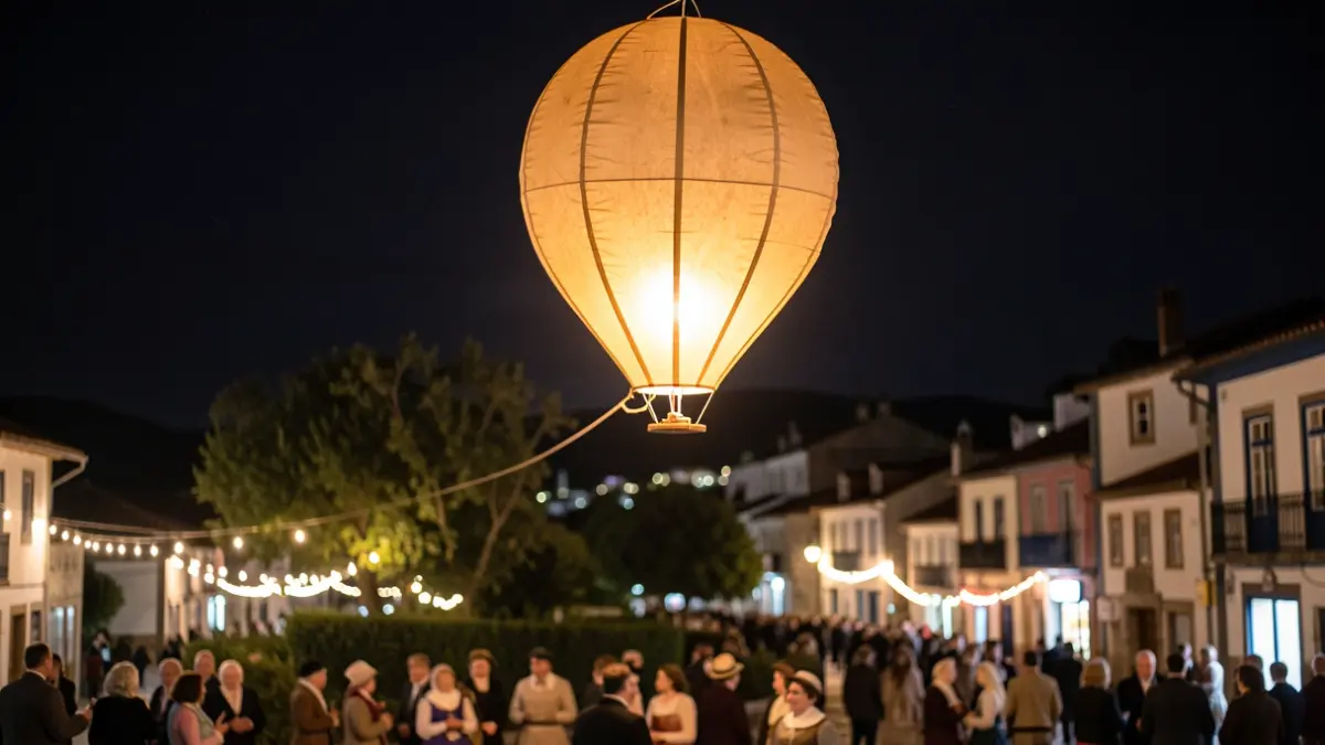 Imaxe xenérica dun globo de papel flotando no ceo nocturno sobre unha vila galega.