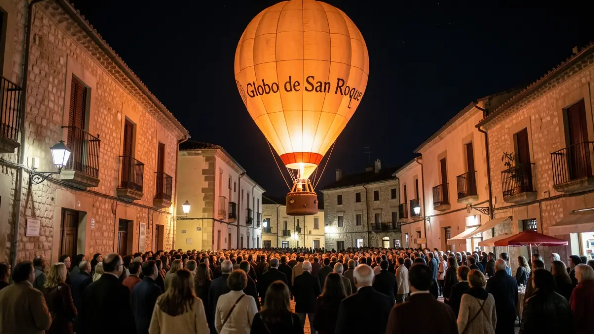 Imagen genérica de un globo de papel tradicional iluminado por la noche sobre una plaza con gente.
