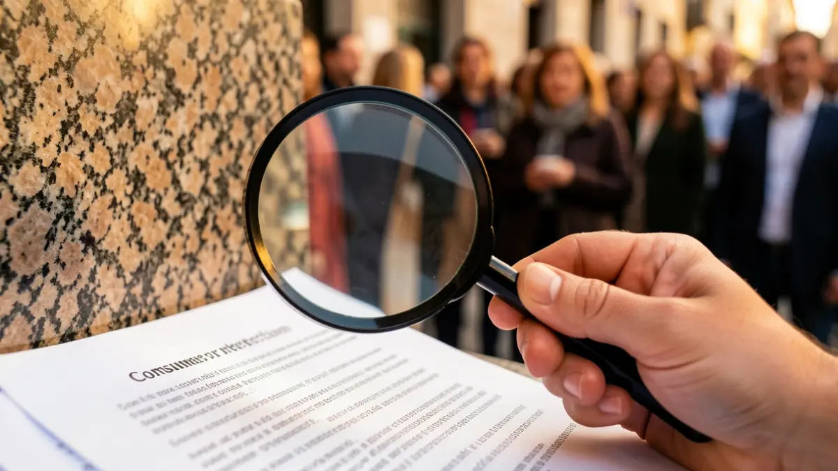 Primer plano de una mano sosteniendo una lupa sobre un documento con texto borroso, simbolizando la protección del consumidor y la investigación. Iluminación cálida y enfocada, profundidad de campo reducida. Textura de granito gallego al fondo.