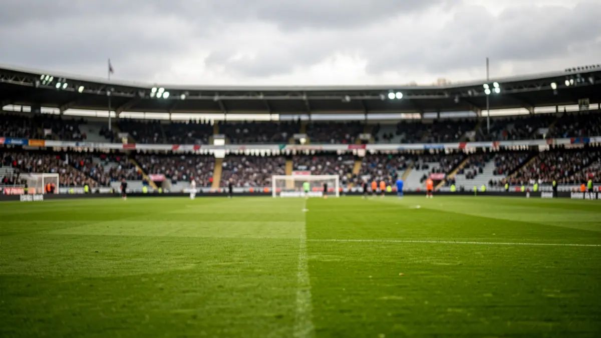 Imagen genérica de un campo de fútbol vacío con gradas desenfocadas.