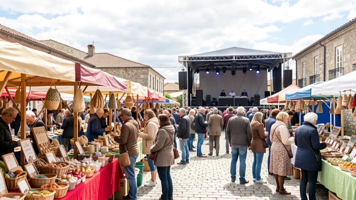Imagen de un mercado al aire libre en Galicia con puestos de artesanía y comida, y un escenario con equipo de DJ.