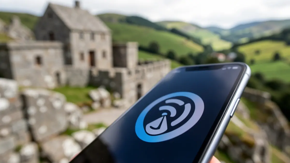 Imaxe xenérica dun teléfono móbil cun símbolo de sinal nunha paisaxe galega con arquitectura de granito.