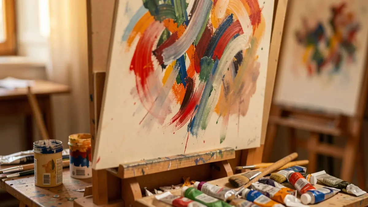 Imaxe dun cadaleito de pintor con cadros e pinceles espallados, luz de estudio cálida.