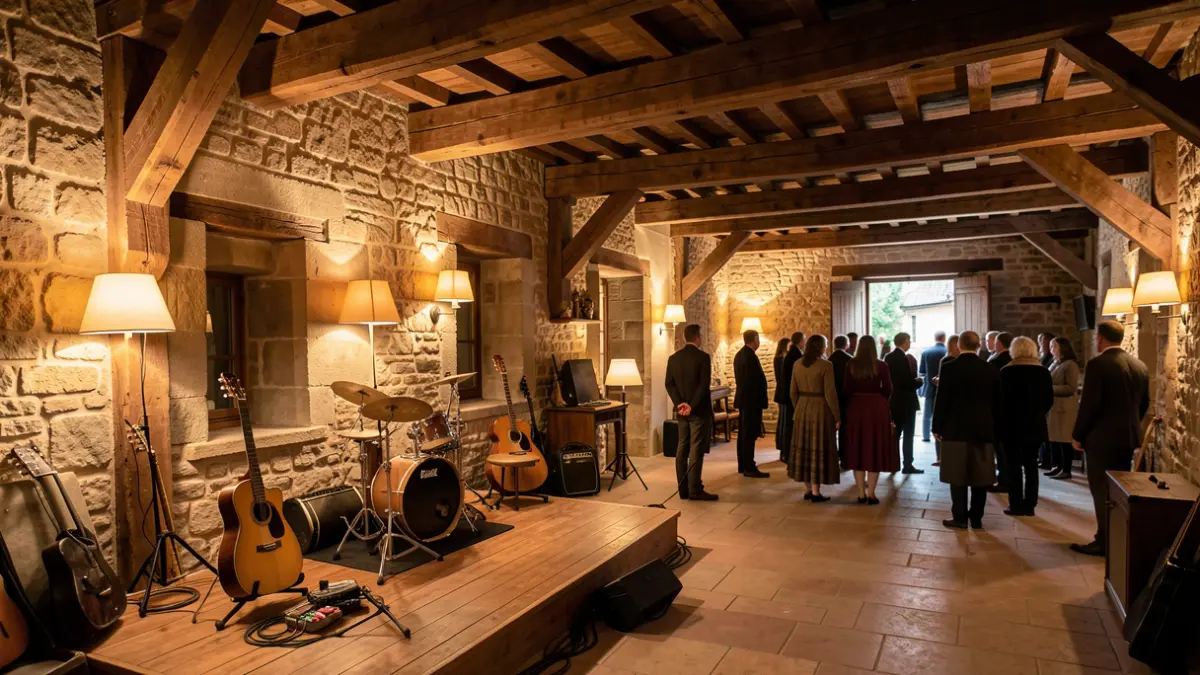 Imagen de un escenario preparado para un concierto en un espacio cultural.