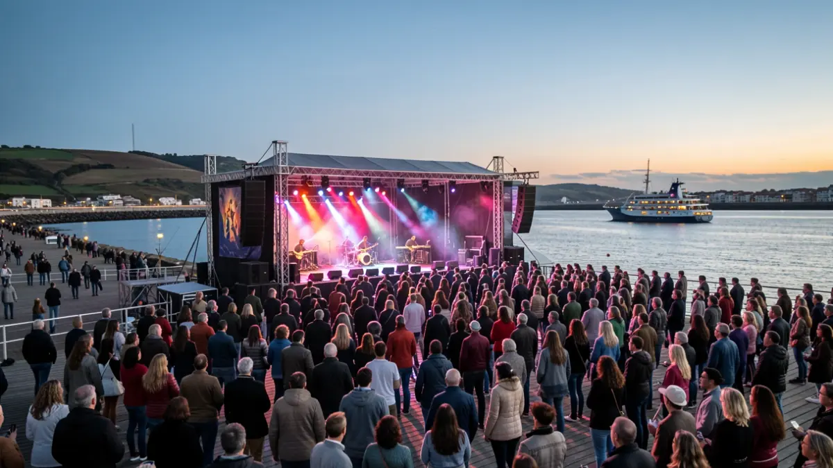 Imaxe xenérica dun festival de música nun porto ao atardecer.