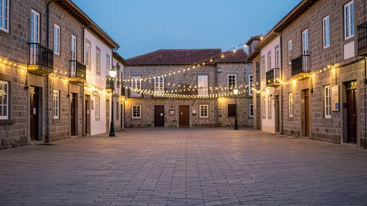 Imaxe xenérica dunha praza de vila en Galicia ao anoitecer, con luces festivas.
