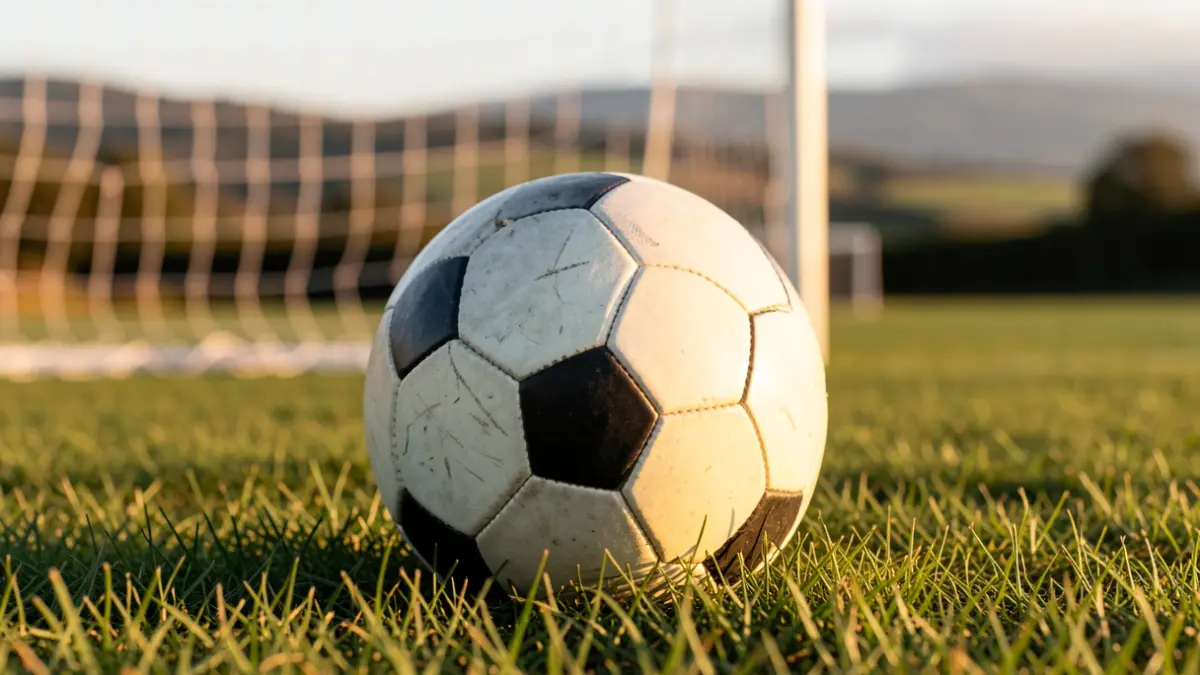 Imaxe xenérica dun balón de fútbol sobre herba cunha rede borrosa ao fondo.