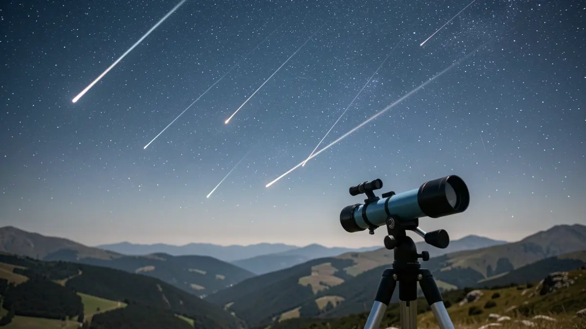 Imaxe xenérica dun ceo nocturno estrelado sobre montañas galegas con telescopio.
