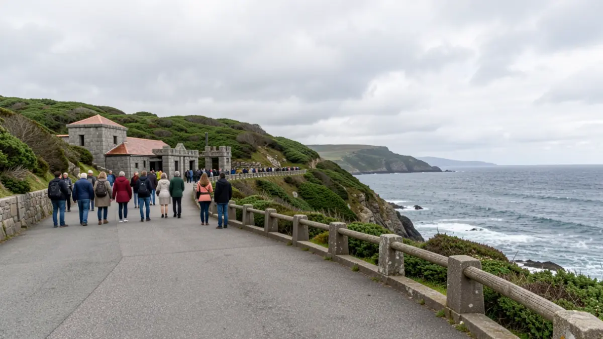 Imagen genérica de un paseo costero en Galicia con arquitectura de granito y vegetación verde atlántica.