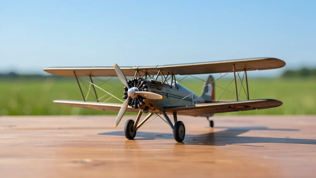 Imaxe dunha maqueta de avión a escala moi detallada, sobre unha mesa de madeira con fondo desfocado.