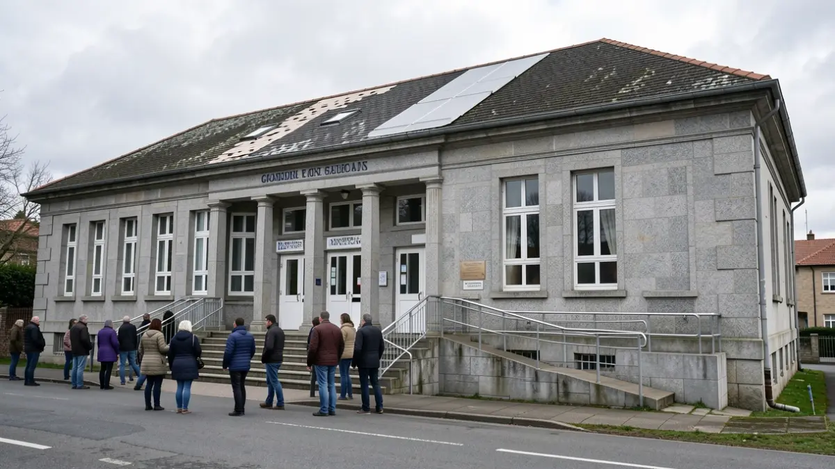 Imagen genérica de un colegio público gallego con detalles de granito y obras de mantenimiento recientes.
