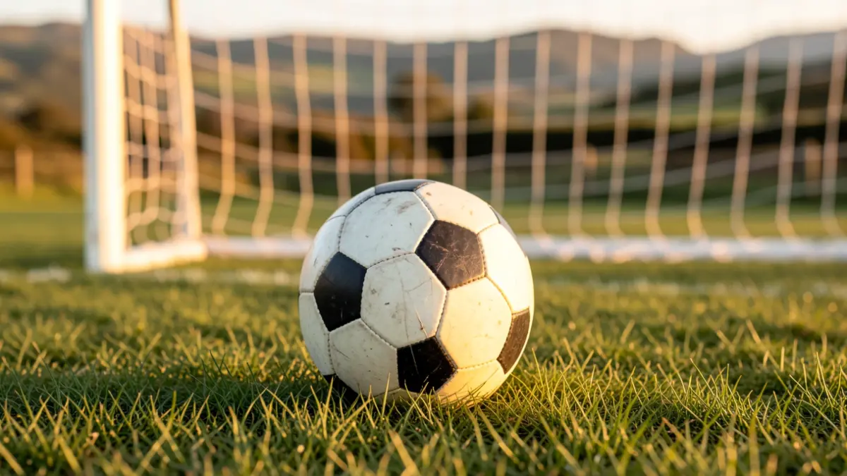 Imaxe xenérica dun balón de fútbol sobre herba cunha rede borrosa ao fondo.