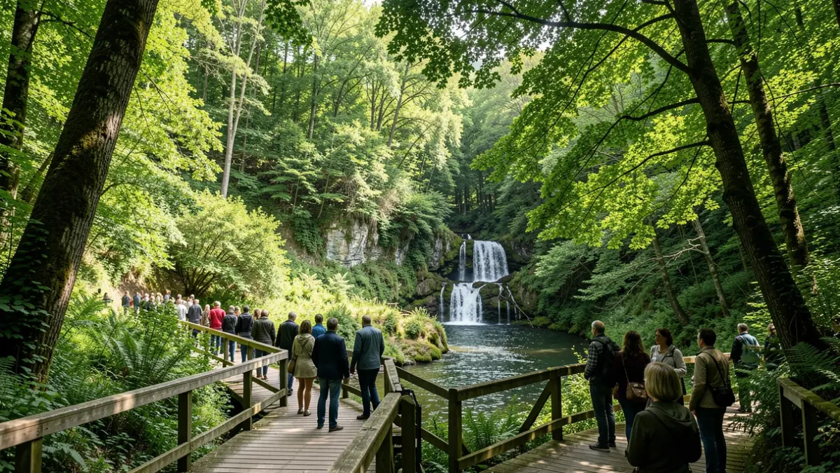 Imaxe dun bosque frondoso con sendeiros de madeira e unha fervenza ao fondo.
