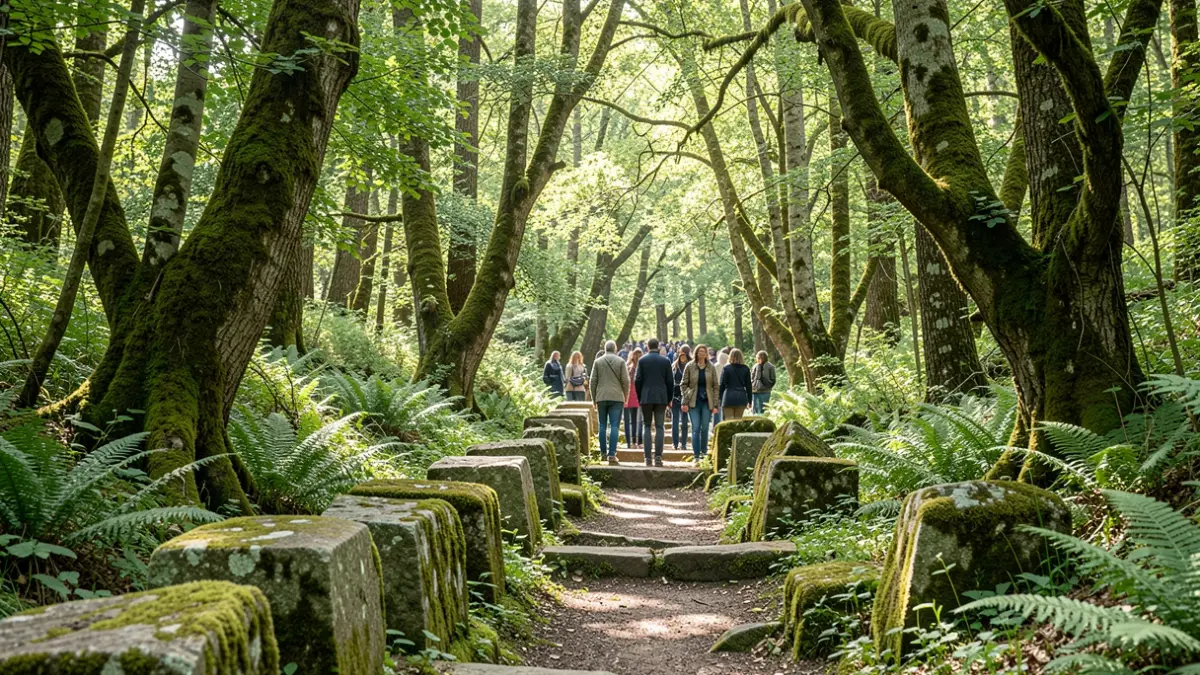 Imagen genérica de sendero forestal en Galicia con árboles y luz solar.