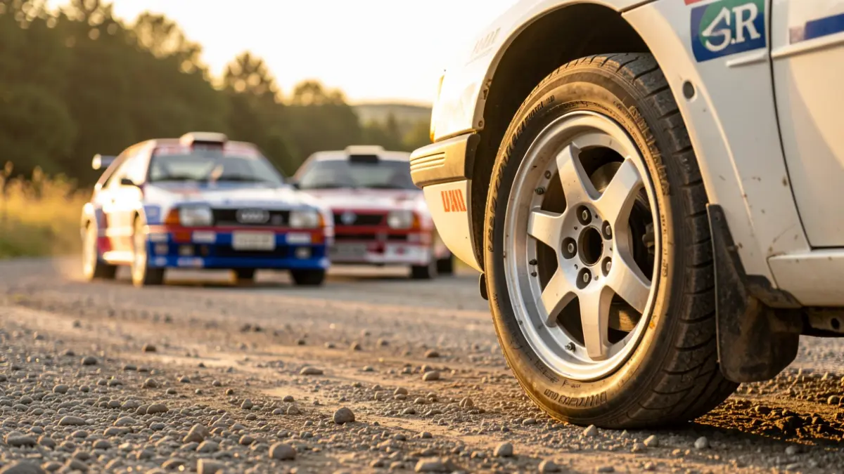 Imaxe xenérica de coches de rally antigos nunha pista de grava.