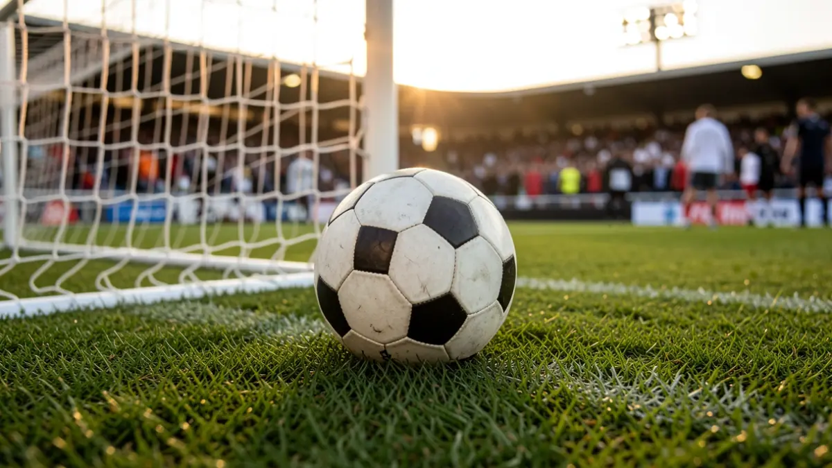 Imagen genérica de un balón de fútbol sobre césped con una red de meta borrosa al fondo.