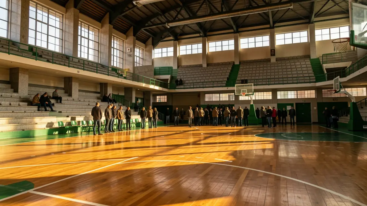 Imaxe xenérica dun pavillón de baloncesto galego baleiro.