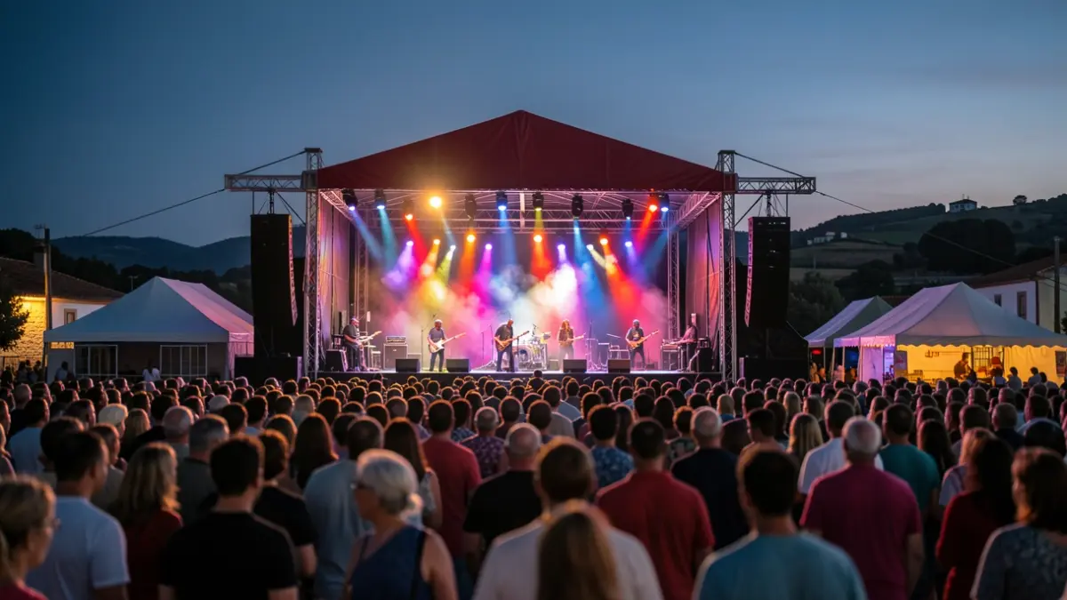 Imaxe xenérica dun festival de música ao aire libre en Galicia pola noite, con luces de escenario e público difuminado.