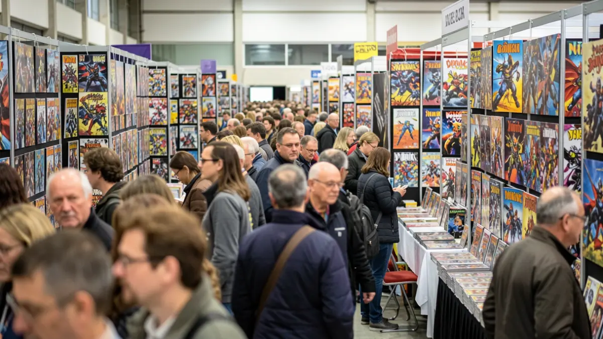 Imagen genérica de una convención de cómic con gente y exposiciones.