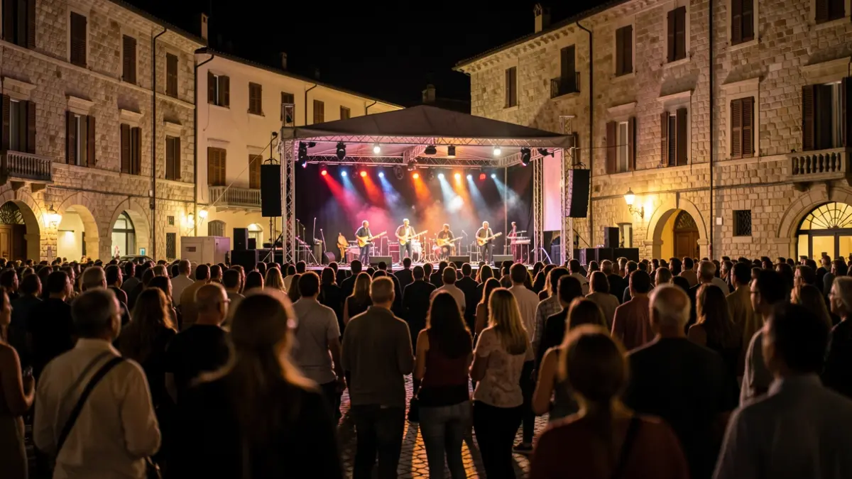 Imagen de un festival de música al aire libre por la noche en una plaza, con gente disfrutando de la actuación.