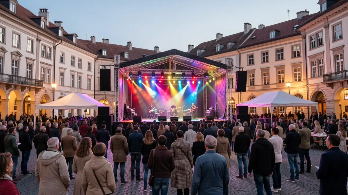 Imaxe xenérica dun festival de música ao aire libre nunha praza ao anoitecer.