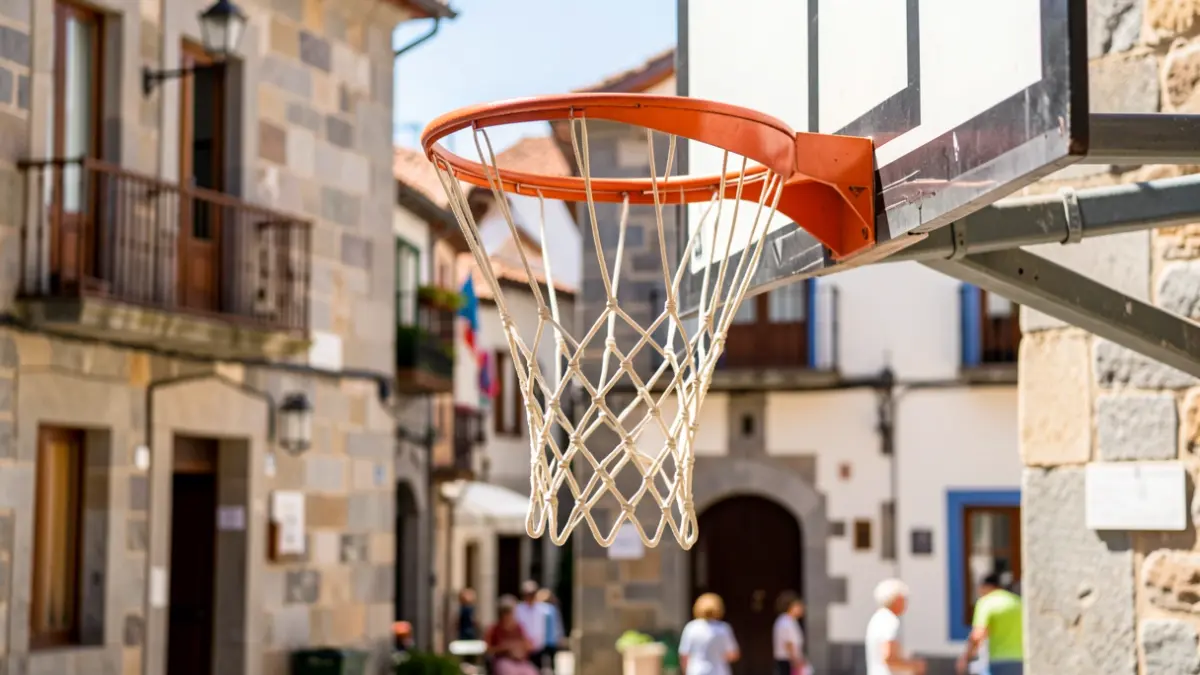 Canastra de baloncesto nunha praza de Meira con arquitectura tradicional galega.