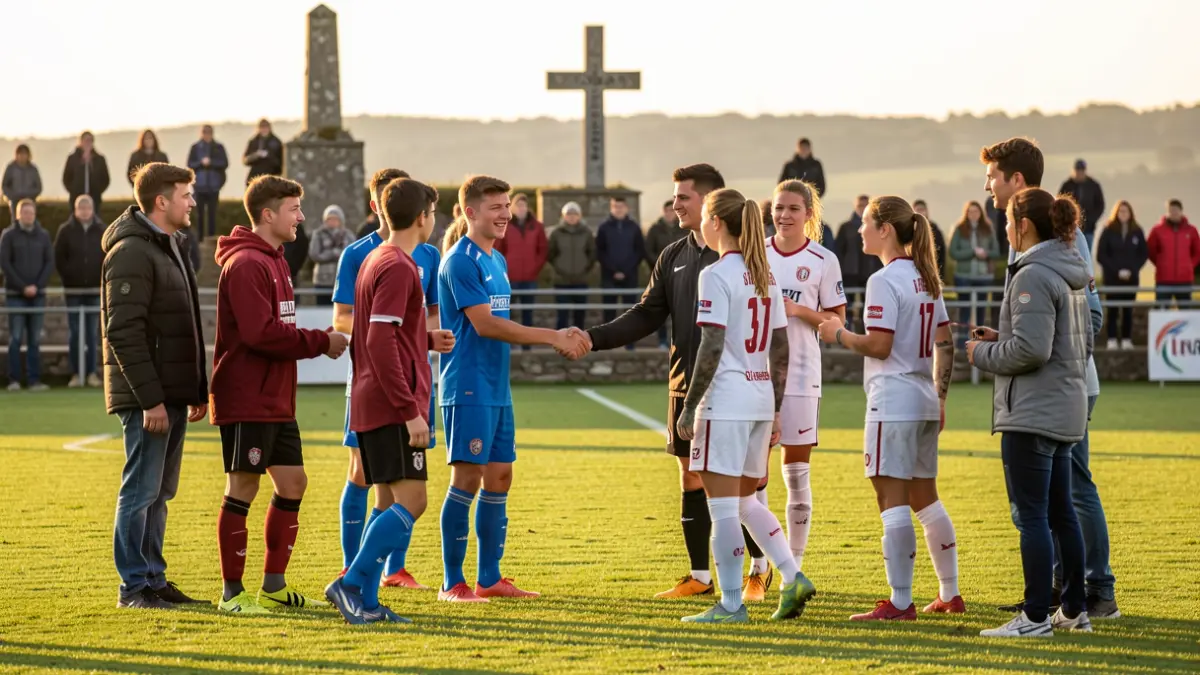 Imagen genérica de jugadores de fútbol juveniles de diferentes orígenes saludándose en un campo de fútbol gallego.