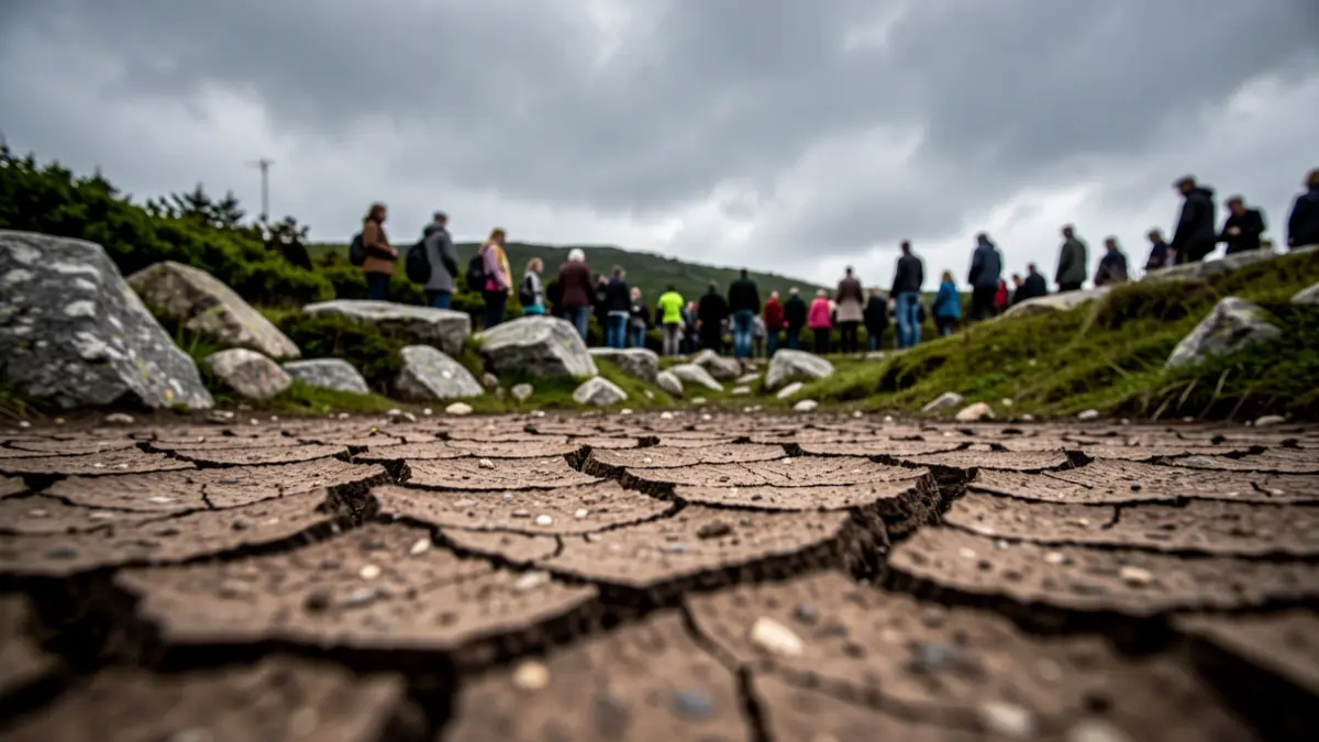 Imagen genérica de tierra agrietada en Galicia con rocas de granito y vegetación verde bajo un cielo nublado.