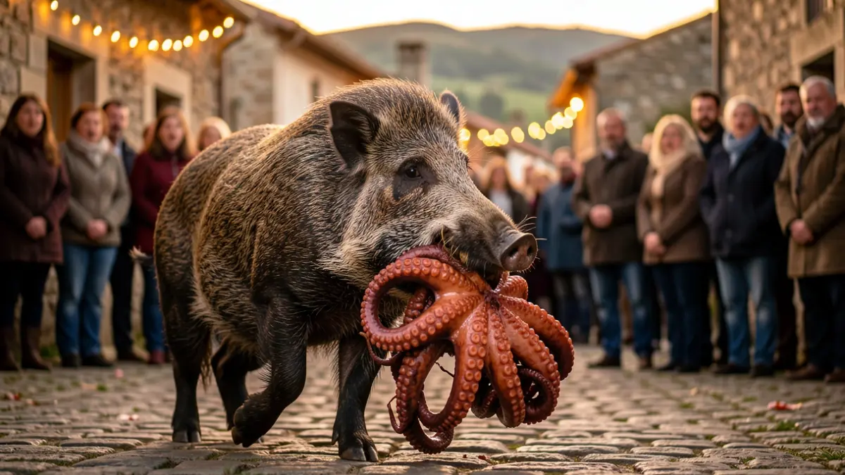 Un xabaril, bautizado como Sofía, leva un polbo enteiro dunha festa en Vilachá, Boborás.