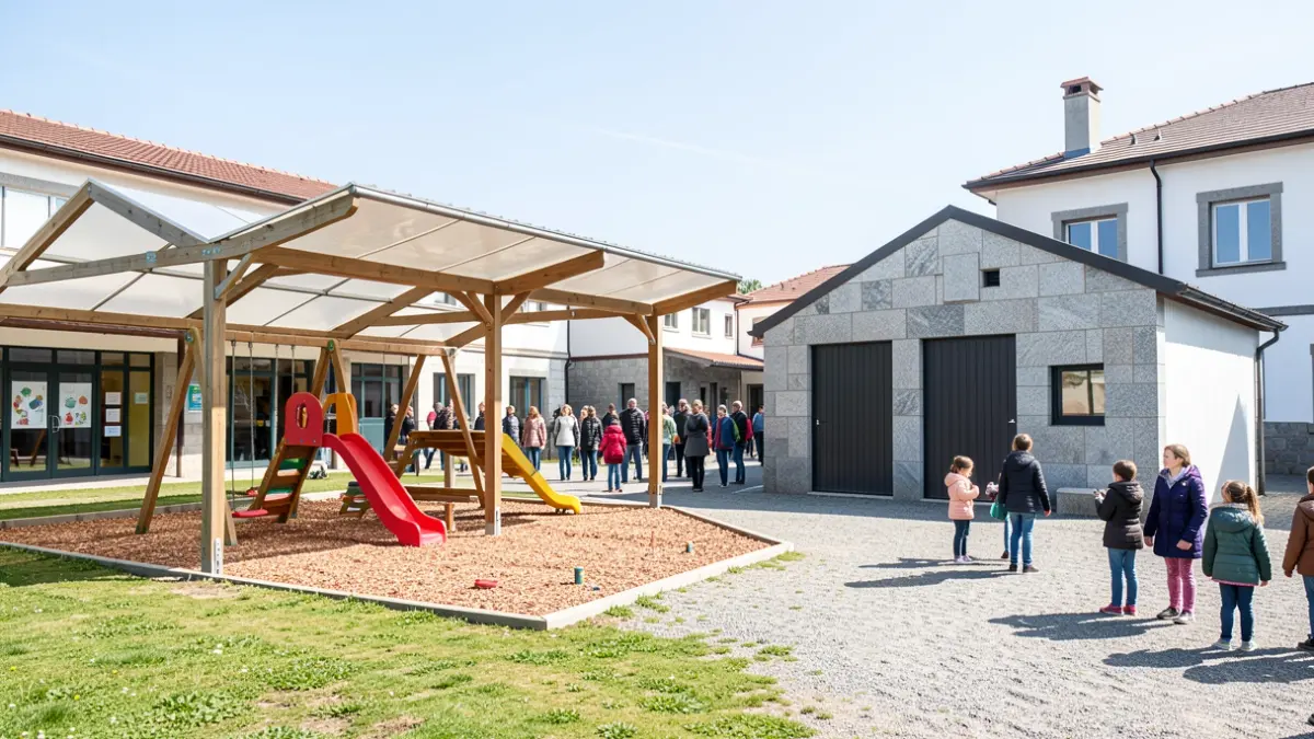 Imagen genérica de una escuela infantil pública gallega con patio cubierto y almacén nuevo.