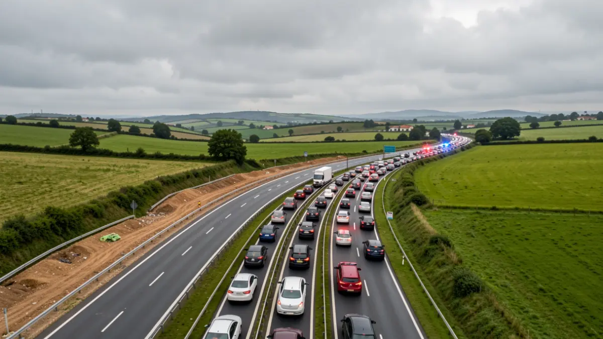 Vista aérea de una autopista con obras y retenciones, con desvío a una carretera secundaria y luces de emergencia.