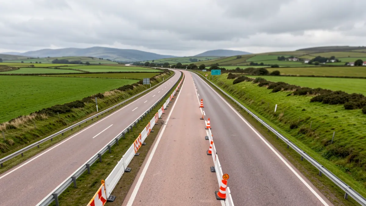 Imagen aérea de un tramo de autovía en Galicia con obras y cortes de tráfico.