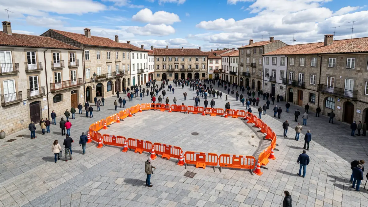 Imagen genérica de obras en una plaza gallega con cierres de seguridad y edificios de piedra al fondo.