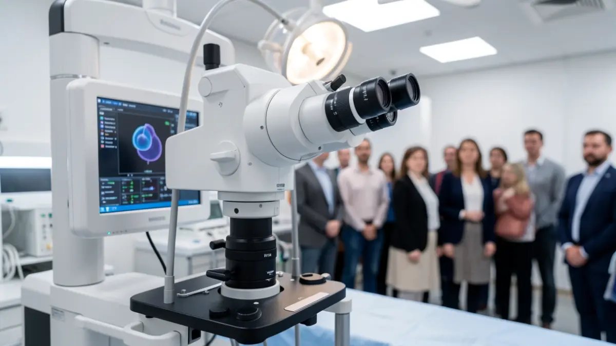 Primer plano de un microscopio quirúrgico oftalmológico moderno con sistema de visualización 3D.